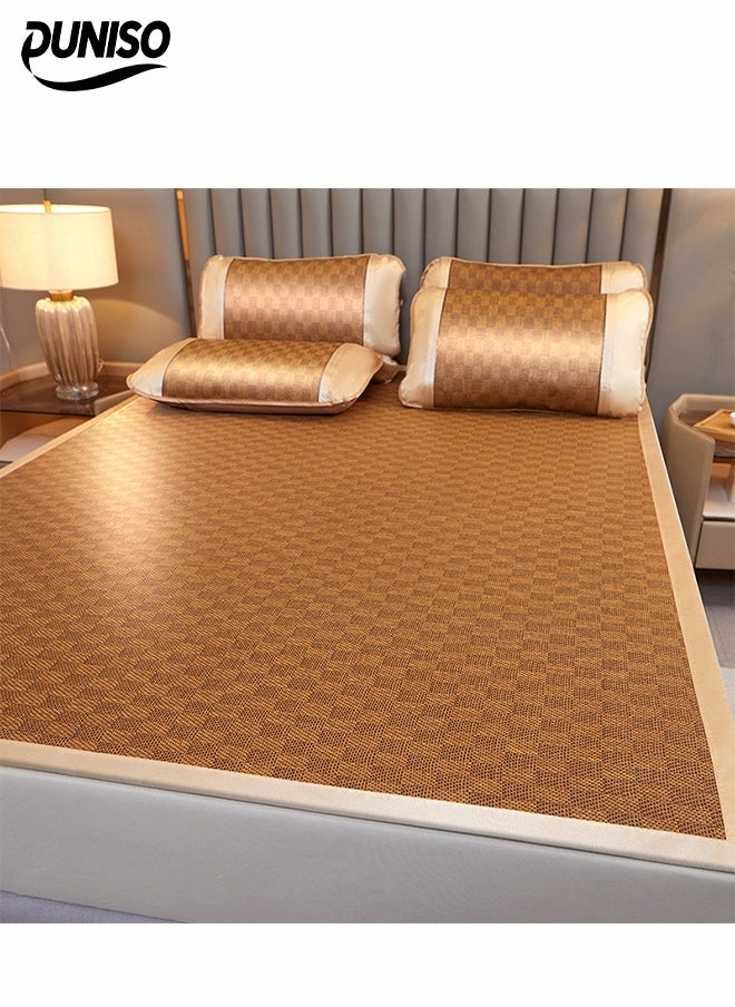 DUNISO Summer Sleeping Pad 3 Piece Set (1 Mattress + 2 Pillowcases) ，Ice Silk Cool Mat，Foldable Soft Cooling Mat，Antibacterial and Bacteriostatic,1.8*2.0M,Classic Grid Brown  - Image 1