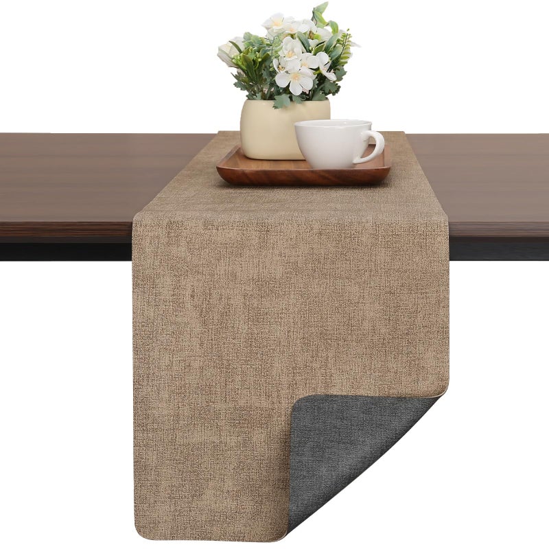 Chitomars Table Runners 55 Inches Long, Dual-Sided Faux Leather Farmhouse Table Runner Waterproof Heat Resistant Non-Slip for Living Room Party Home Decor Holiday Decorations(Gray Beige, 12 x 55 Inch) - Image 1