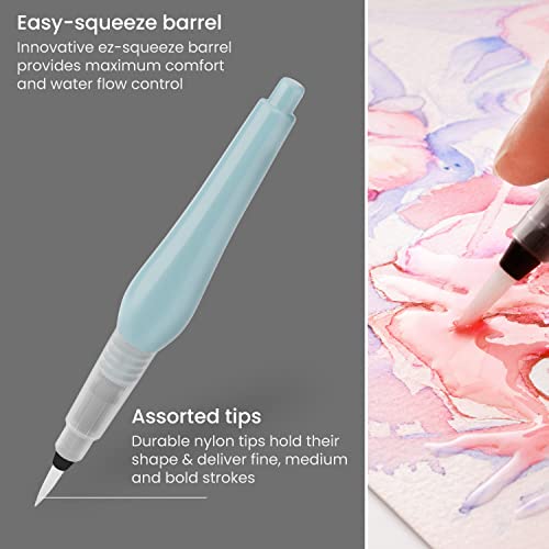 ARTEZA Water Brush Pen, Set of 4, Assorted Soft Nylon Bristle Tips, Self-Moistening Water Brush, Refillable Water Pen - Image 3