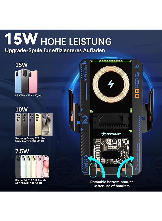 KASTWAVE Car Phone Holder, Auto Clamping Car Charger Phone Mount, Wireless Universal Dashboard Long Arm Fast Charging Holder, Super Suction Power & No-Wobbling, Fit For Iphone, Android, All Smartphones, Black - Image 5