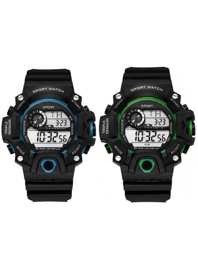 SPORT 2 PCS Outdoor Multifunctional Watch with Night Light Alarm and Sports Features (Green, Light Blue) - Image 1