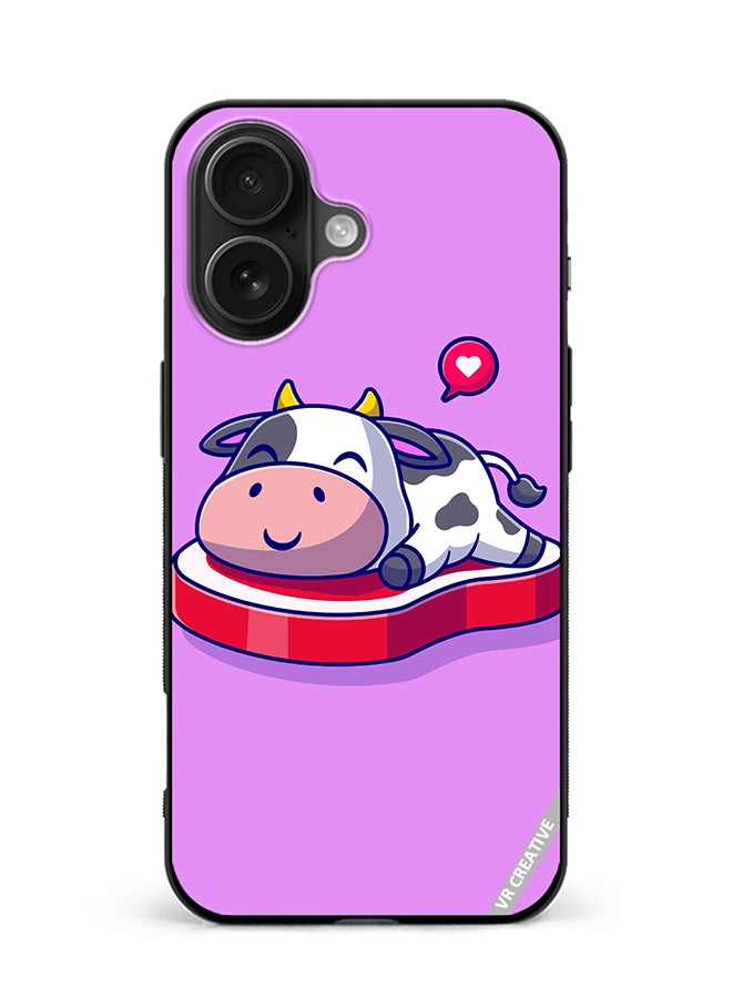 Protective Case Cover For Apple iPhone 16 Cute Cow Sleeping On Beef Steak Cartoon Design Multicolour