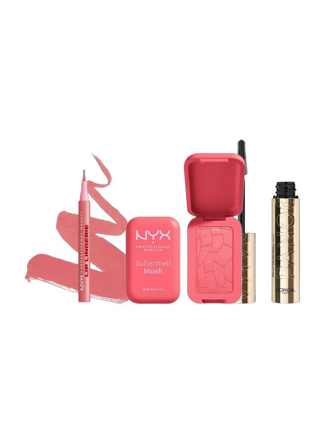 NYX PROFESSIONAL MAKEUP Buttermelt Blush, Powder Blush, Up To 12 H Wear, Fade & Transfer Resistant, U Know Butta & L’Oréal Paris Volume Million Lashes Panorama Mascara in Black & Lip Lingerie Lip Liner Stain, Seamless All DayStain, Waterproof, Cuff Me Bundle - Image 1