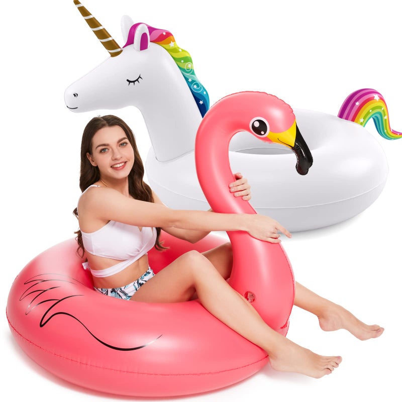 Jasonwell Inflatable Unicorn Flamingo Pool Floats - Jasonwell 2 Pack Pool Floaties Inflatables Rafts for Swimming Pool Tubes for Floating Lake Beach Floaty Swim Rings Pool Party Toys for Adults Kids - Image 1