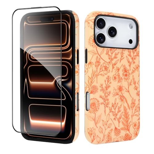 SOKAD Magnetic Sage Floral Phone Case for iPhone 17 Pro Max, Vintage Orange Flower Pattern Compatible with Magsafe Matte Protective Case Cover with Screen Protector for Girls Women - Image 2