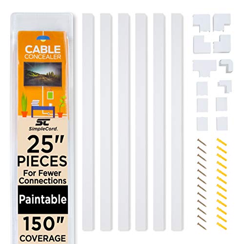 SimpleCord 150in Cord Hider Kit - 6-Pack 25in Cable Management for Wall-Mounted TV or Computer Cables - Paintable Wire Covers for Cords by Simple Cord (White) - Image 1