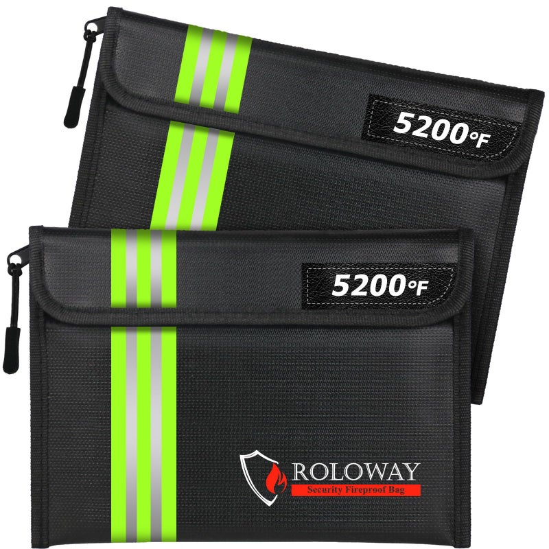 ROLOWAY Fireproof Bag 96 x 66 inches 5200 Heat Insulated with Reflective Strip Fireproof Money Bag with Zipper for Cash 2Pack Black
