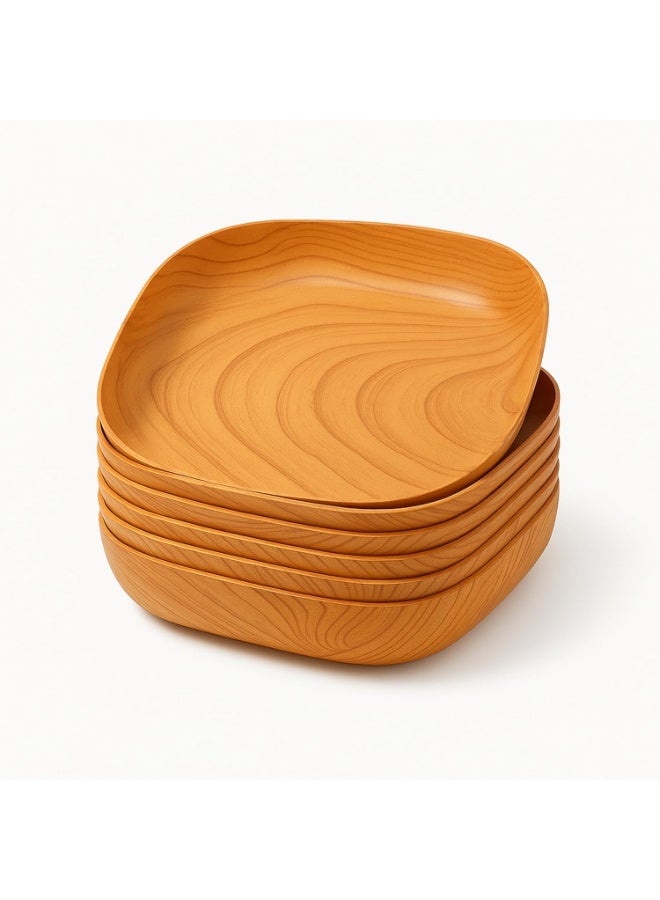 Wood Grain Square Snack Serving Plates Set with Holder – 6 Pcs Lightweight Serving Dishes - Image 1
