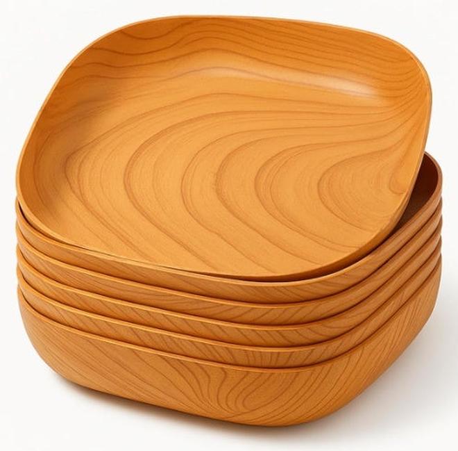 Wood Grain Square Snack Serving Plates Set with Holder – 6 Pcs Lightweight Serving Dishes - Image 1