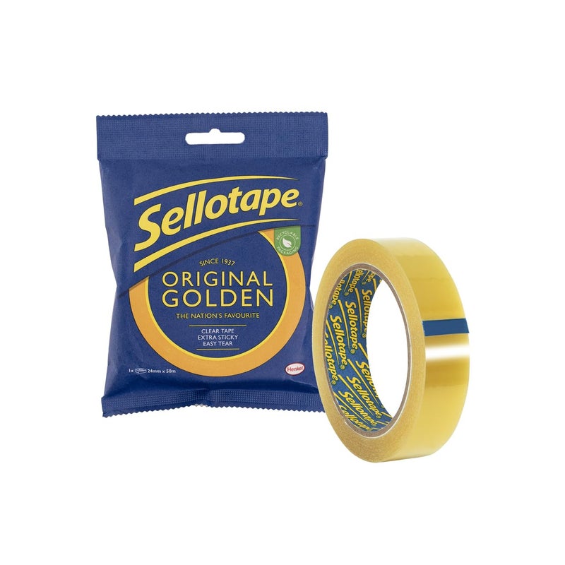 Sellotape Original Golden, Multi-Purpose Clear Tape for Household Objects, Clear Packing Tape for Sticking Envelopes or Cards, Easy to Use Packaging Tape, 24 mm x 50 m - Image 1