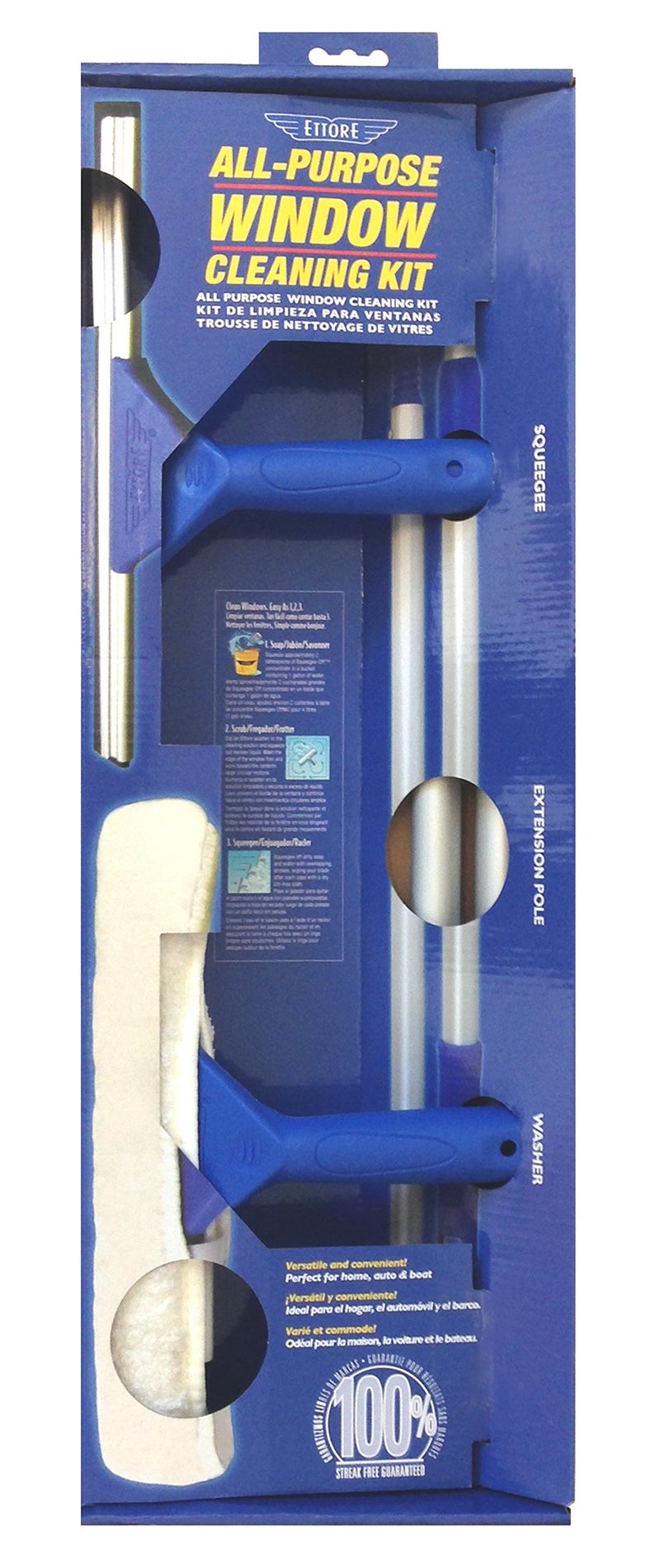Ettore 17050 All-Purpose Window Cleaning Combo Kit Includes 12-Inch All-Purpose Squeegee, 10-Inch All-Purpose Microfiber Washer and 42-inch REA-C-H Extension Pole , Blue - Image 1