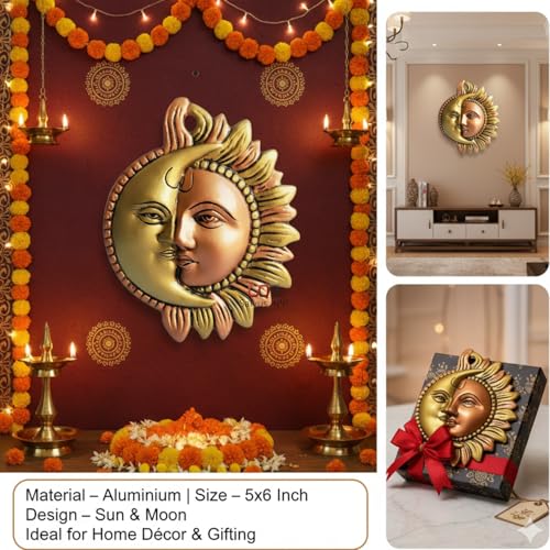 Salvus App SOLUTIONS Aluminium Wall Hanging Half Surya (Sun) and chandrama (Moon) face - 5x6 inch - Image 4