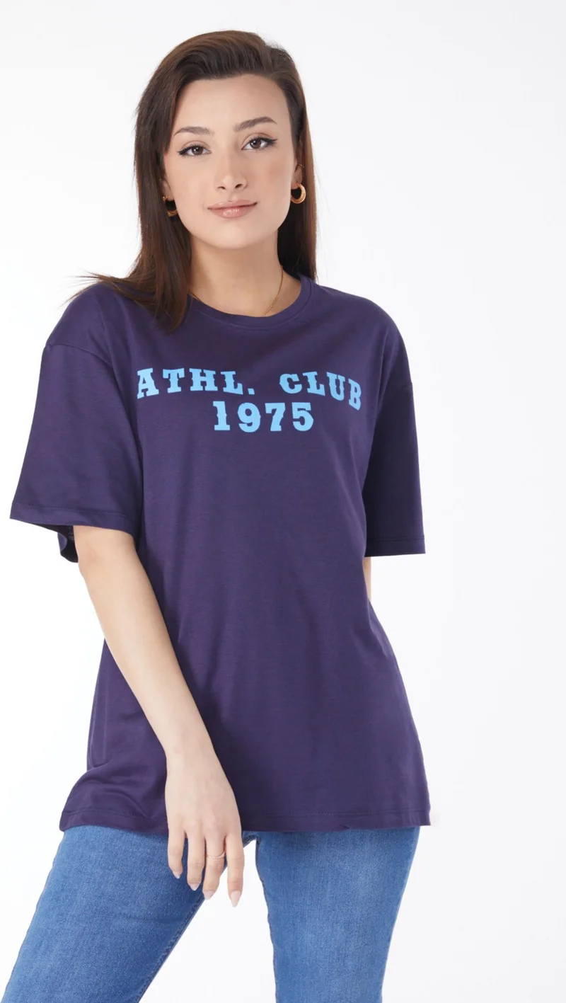 Tofisa 24644-NAVY BLUE Crew Neck Short Sleeve Printed T-Shirt