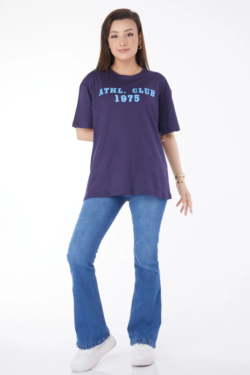 Tofisa 24644-NAVY BLUE Crew Neck Short Sleeve Printed T-Shirt