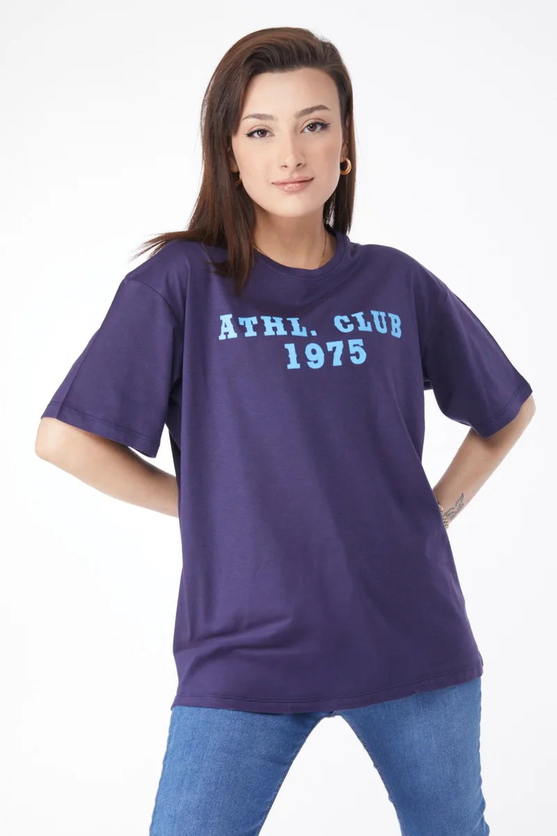 Tofisa 24644-NAVY BLUE Crew Neck Short Sleeve Printed T-Shirt