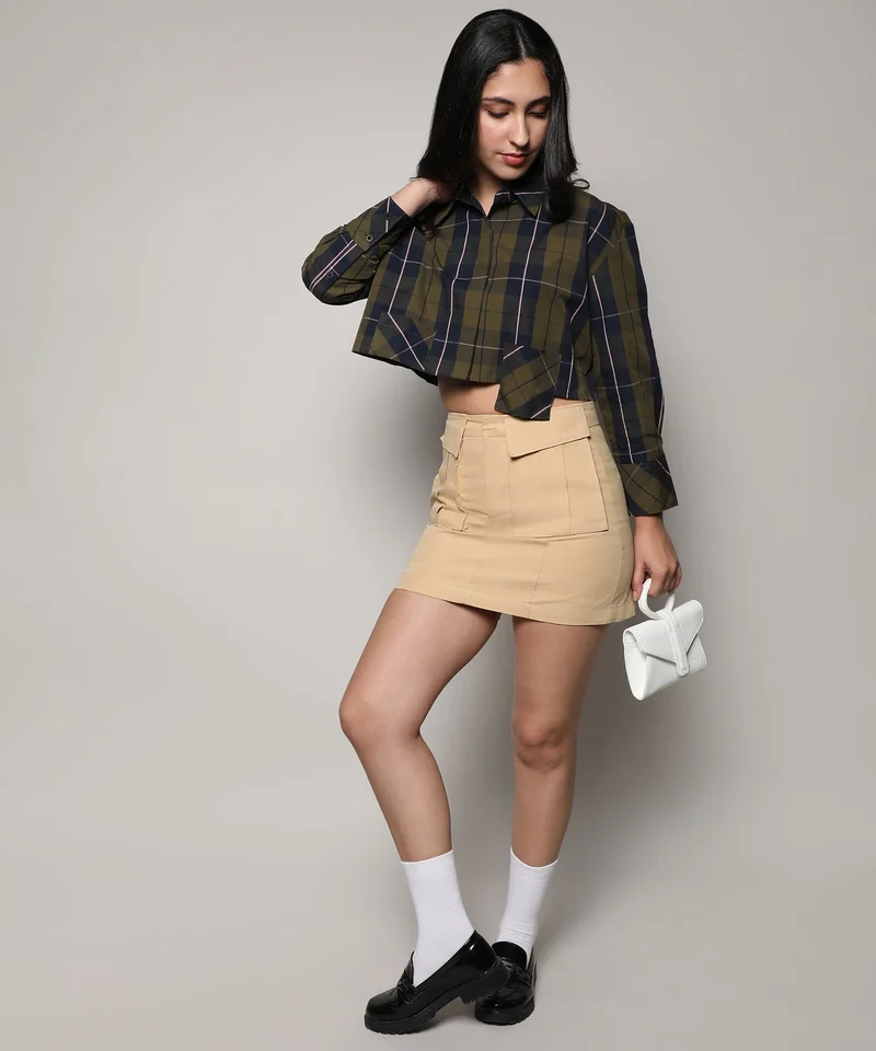 Pinacolada  Women's Olive Green & Navy Blue Tartan Plaid Crop Shirt for Women | Best Price UAE