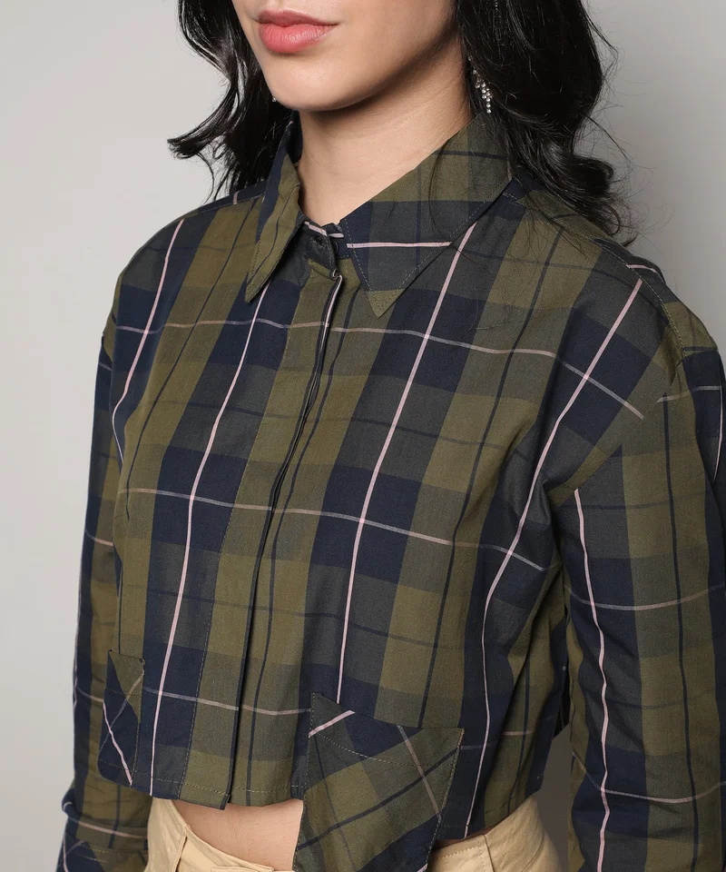 Pinacolada  Women's Olive Green & Navy Blue Tartan Plaid Crop Shirt for Women | Best Price UAE