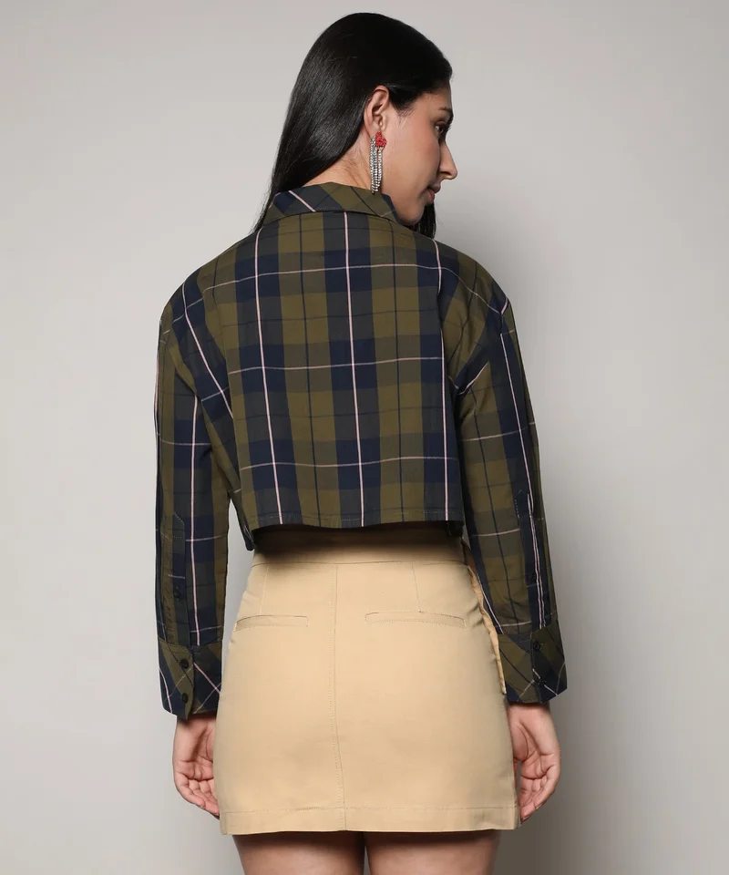 Pinacolada  Women's Olive Green & Navy Blue Tartan Plaid Crop Shirt for Women | Best Price UAE
