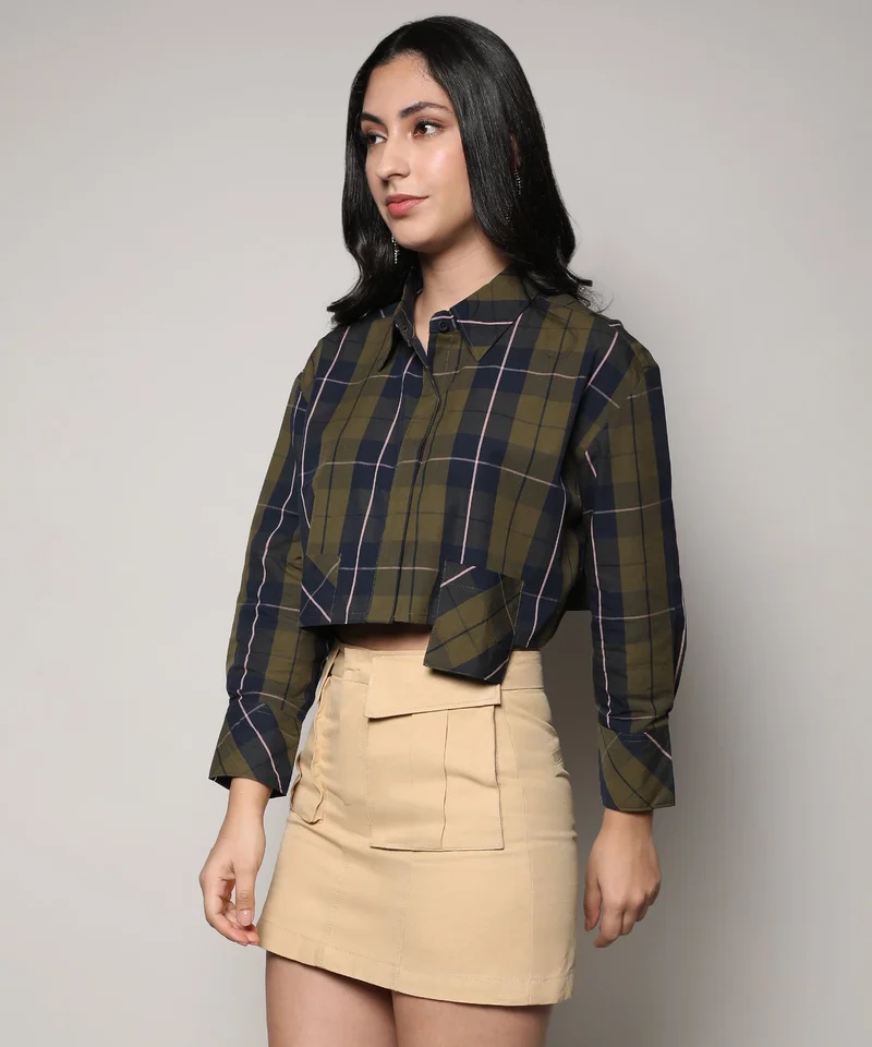 Pinacolada  Women's Olive Green & Navy Blue Tartan Plaid Crop Shirt for Women | Best Price UAE