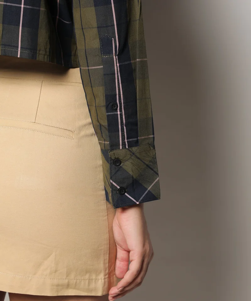 Pinacolada  Women's Olive Green & Navy Blue Tartan Plaid Crop Shirt for Women | Best Price UAE