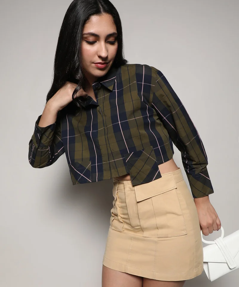 Campus Sutra Women's Olive Green & Navy Blue Tartan Plaid Crop Shirt