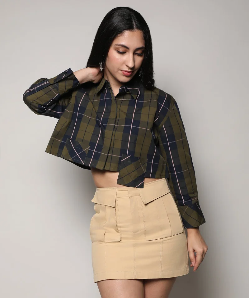 Campus Sutra Women's Olive Green & Navy Blue Tartan Plaid Crop Shirt