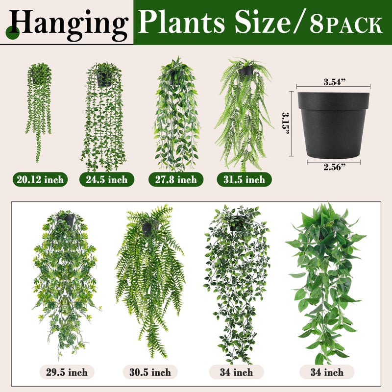 Der Rose 8Pcs Fake Plants Hanging Artificial Ivy Vine Faux Eucalyptus Hanging Plants for Home Boho Wall Shelf Indoor Outdoor Decor (Black Pots) - Image 3