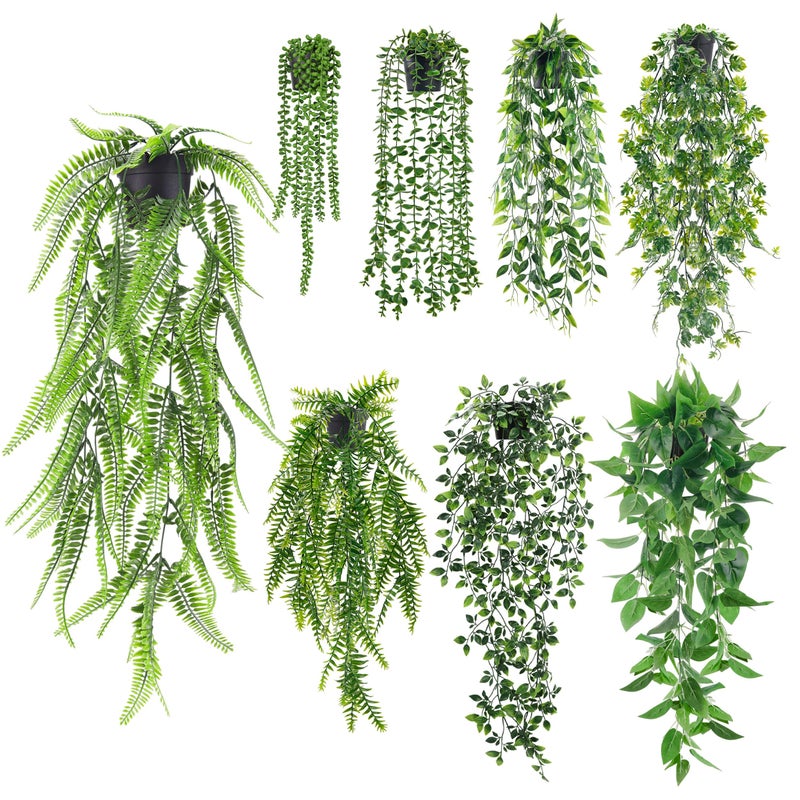 Der Rose 8Pcs Fake Plants Hanging Artificial Ivy Vine Faux Eucalyptus Hanging Plants for Home Boho Wall Shelf Indoor Outdoor Decor (Black Pots) - Image 1
