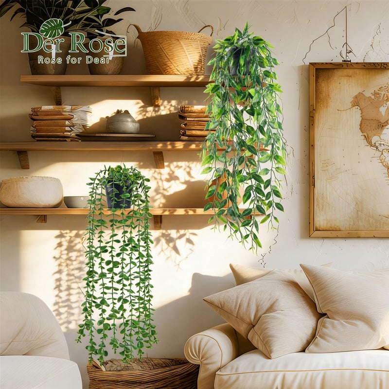 Der Rose 8Pcs Fake Plants Hanging Artificial Ivy Vine Faux Eucalyptus Hanging Plants for Home Boho Wall Shelf Indoor Outdoor Decor (Black Pots) - Image 2