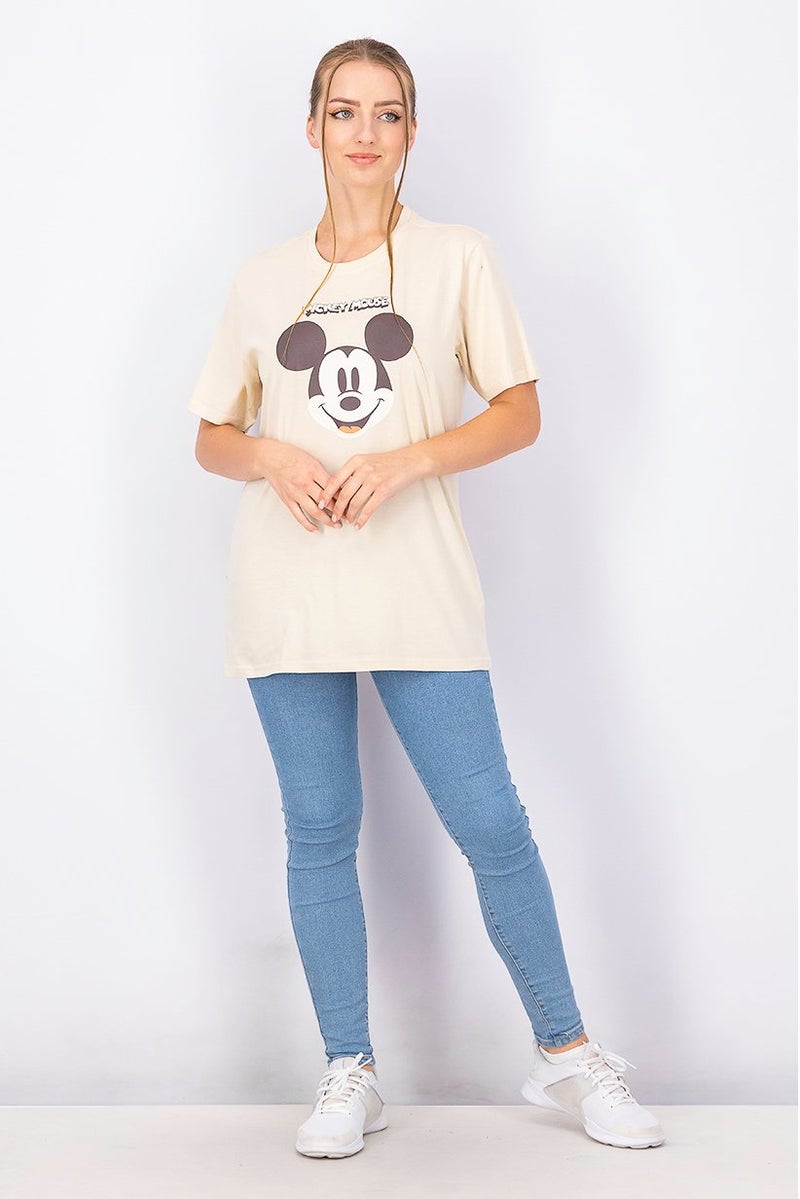 Disney Women Crew Neck Short Sleeve Graphic Print Top, Beige and Brown - Image 3