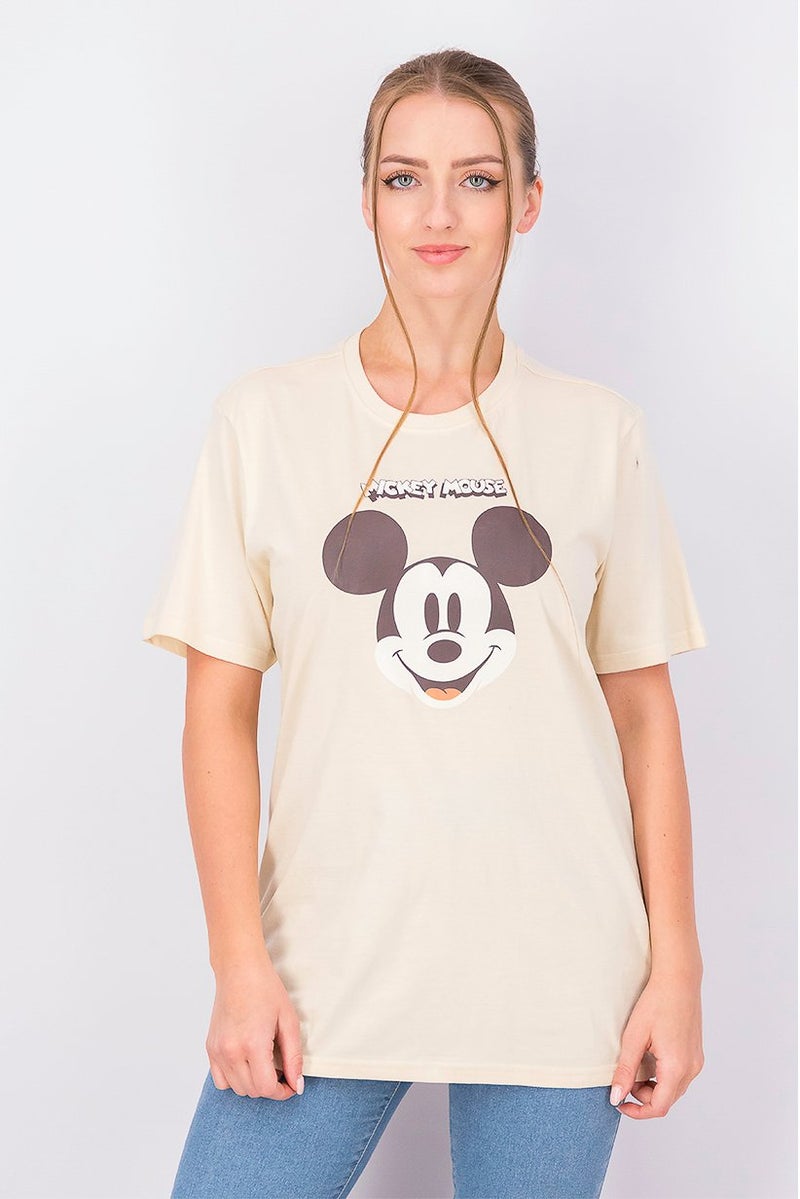 Disney Women Crew Neck Short Sleeve Graphic Print Top, Beige and Brown - Image 1