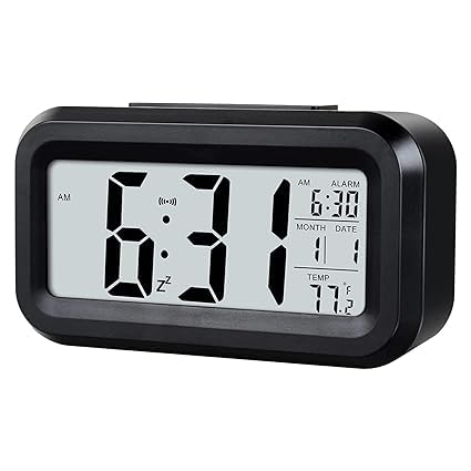 Fulkiza Digital Smart Backlight Battery Operated Alarm Table Clock with Automatic Sensor Date Temperature Alarm Clock for Students Heavy Sleepers