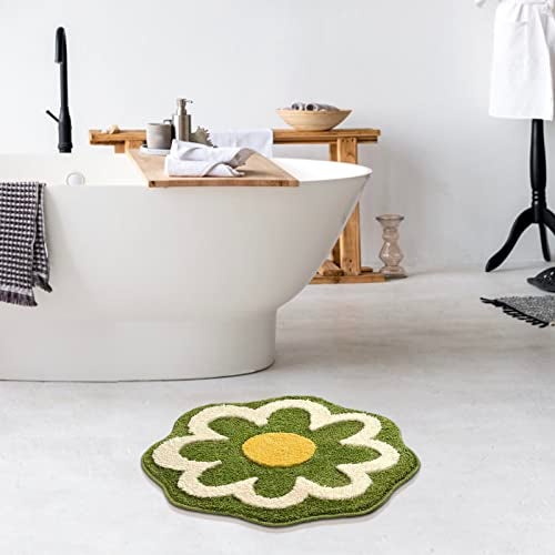 TRUEDAYS Green Flower Shaped Bath Rug, Non-Slip Water Absorbent Bathroom Mat, Super Cute Machine Washable Bathroom Rug, Small Round Floral Soft and Fluffy Bath Mat - Image 2