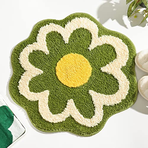 TRUEDAYS Green Flower Shaped Bath Rug, Non-Slip Water Absorbent Bathroom Mat, Super Cute Machine Washable Bathroom Rug, Small Round Floral Soft and Fluffy Bath Mat - Image 1