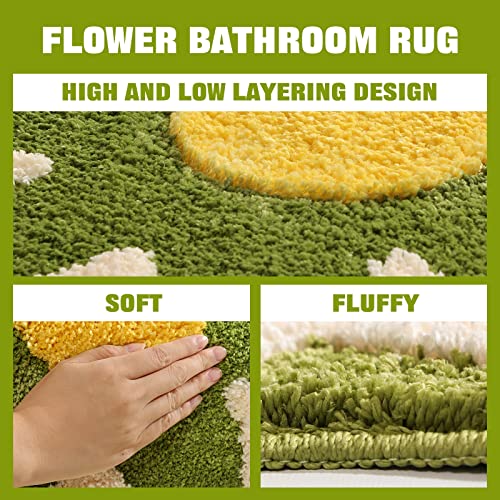 TRUEDAYS Green Flower Shaped Bath Rug, Non-Slip Water Absorbent Bathroom Mat, Super Cute Machine Washable Bathroom Rug, Small Round Floral Soft and Fluffy Bath Mat - Image 4