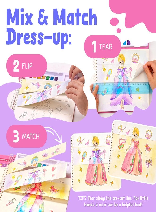 JoyCat Mix & Match Paint with Water Coloring Books, Watercolor & Sticker Activities - 150 Pcs Stickers for Kids Ages 3-8, Toddler Painting Sets Art & Craft Drawing Toy Gifts for Boys Girls (Princess) - Image 3
