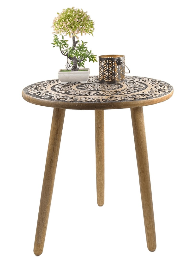 Souq DESIGNS Wooden Side Accent Table Rustic Finish Round Bamboo Coffee Table for Bedside, Bedroom, Living Room, Decorative End Table Small Circular Black Wood Tables Night Stand  - Image 4