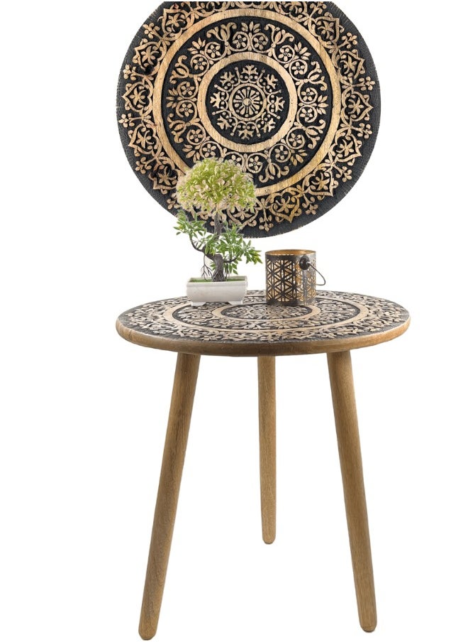 Souq DESIGNS Wooden Side Accent Table Rustic Finish Round Bamboo Coffee Table for Bedside, Bedroom, Living Room, Decorative End Table Small Circular Black Wood Tables Night Stand  - Image 2