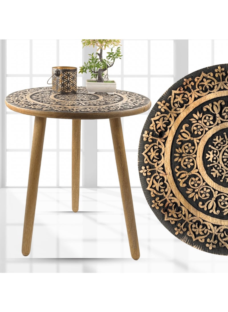 Souq DESIGNS Wooden Side Accent Table Rustic Finish Round Bamboo Coffee Table for Bedside, Bedroom, Living Room, Decorative End Table Small Circular Black Wood Tables Night Stand  - Image 1
