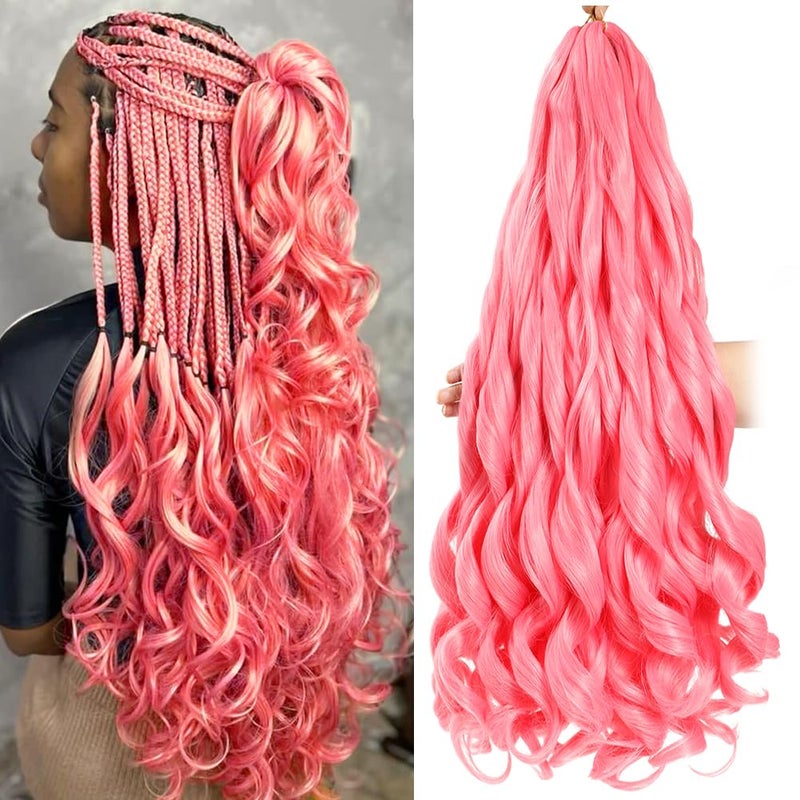 French Curly Braiding Hair 24 Inch 8 Packs Pink Color  Pre Stretched Bouncy Braiding Hair Loose Wavy Braiding Hair Synthetic Hair Extensions For Black Women 24 inch 8 packs Pink