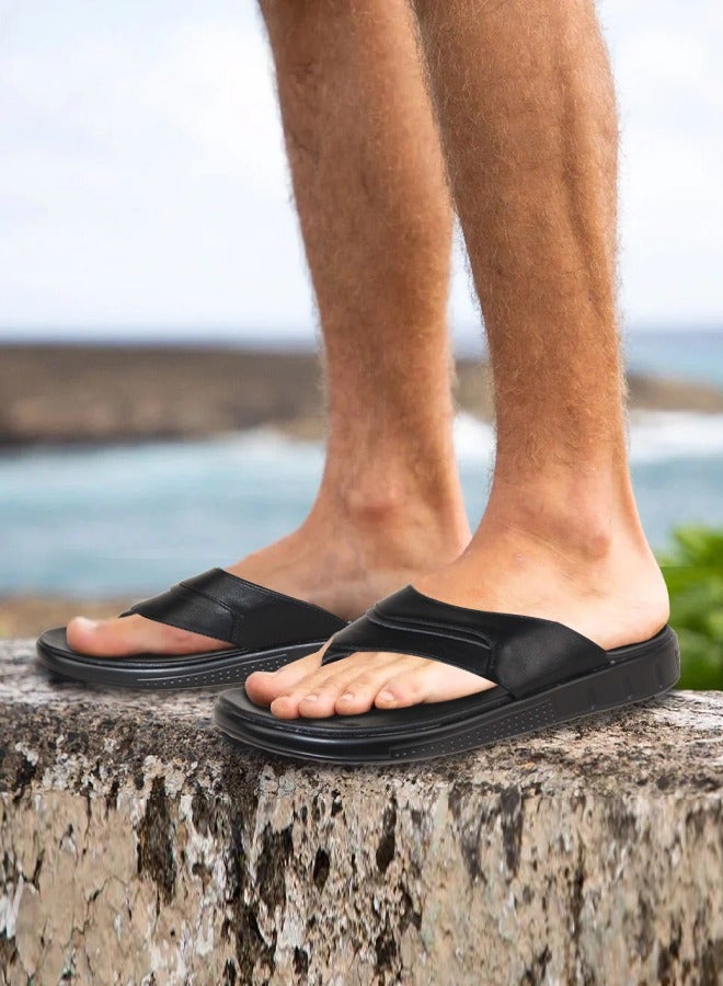 BOTELI Men's Leather Flip Flops Summer Outdoor Non Slip Thick Sole Casual Slide Sandals - Image 1