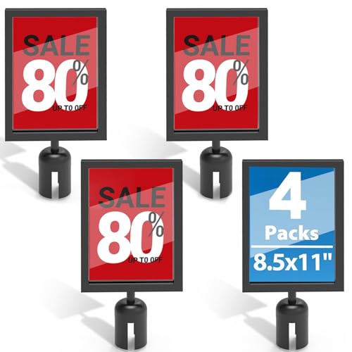 Estleys 4 Pcs Stanchion Sign Holder 8.3 x 11.7, Portrait Post Top Stand Poster Display, Double Sided Sign Frame with Cover for Crowd Control Queue Barrier Sentry Stanchions Black Iron - Image 1
