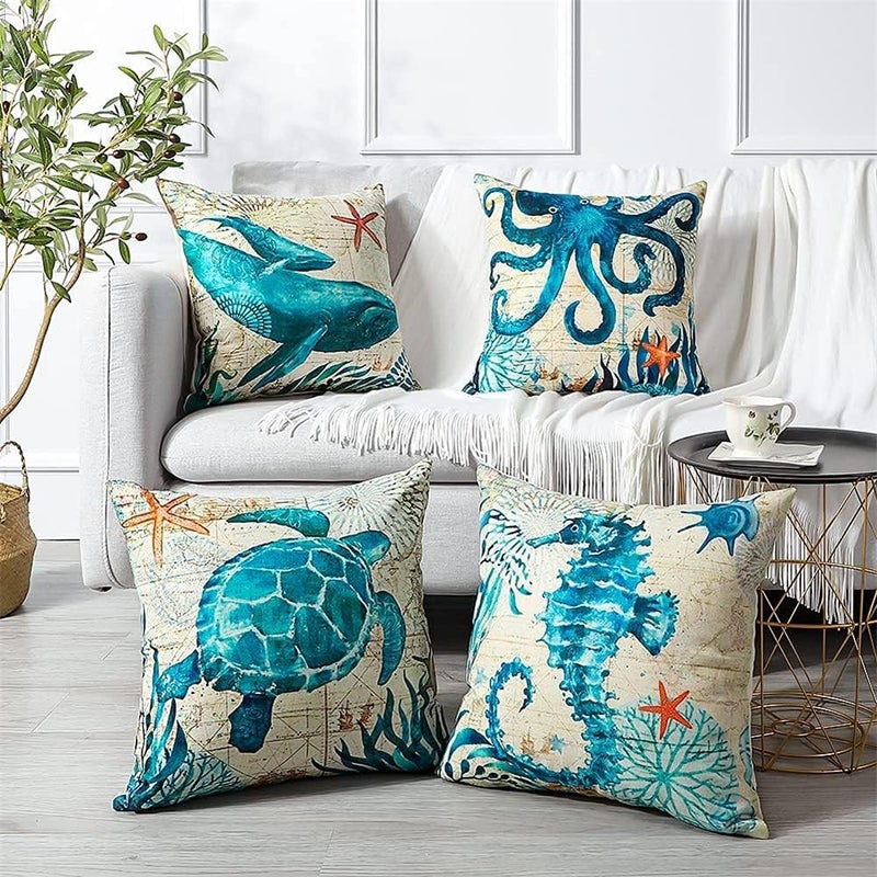 Blue Marine Life Pattern Waterproof Cushion Covers for Outdoor Patio Garden Living Room Sofa Farmhouse Decor (18x18in)-4 Pieces - Image 4