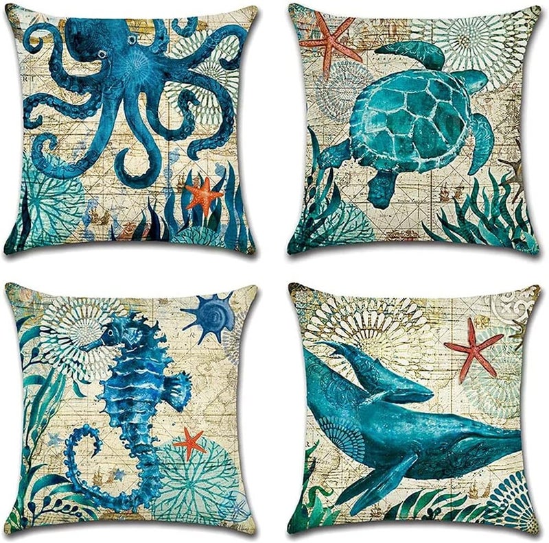 Blue Marine Life Pattern Waterproof Cushion Covers for Outdoor Patio Garden Living Room Sofa Farmhouse Decor (18x18in)-4 Pieces - Image 1