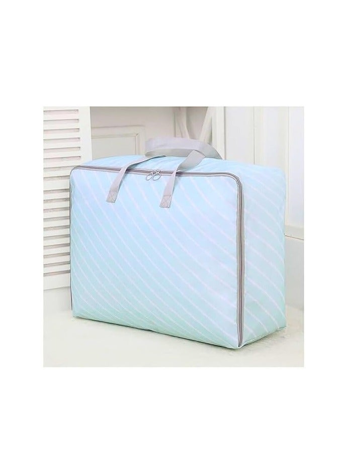 شنطة تخزين كبيرة محمولة مقاومة للماء مع سحابات، قماش اوكسفورد سميك شديد التحمل، شنطة منظمة مثالية للسفر واللحاف والبطانيات، مقاس جامبو 70 × 50 × 30 سم (ازرق فاتح مع شريط ابيض) - Image 1