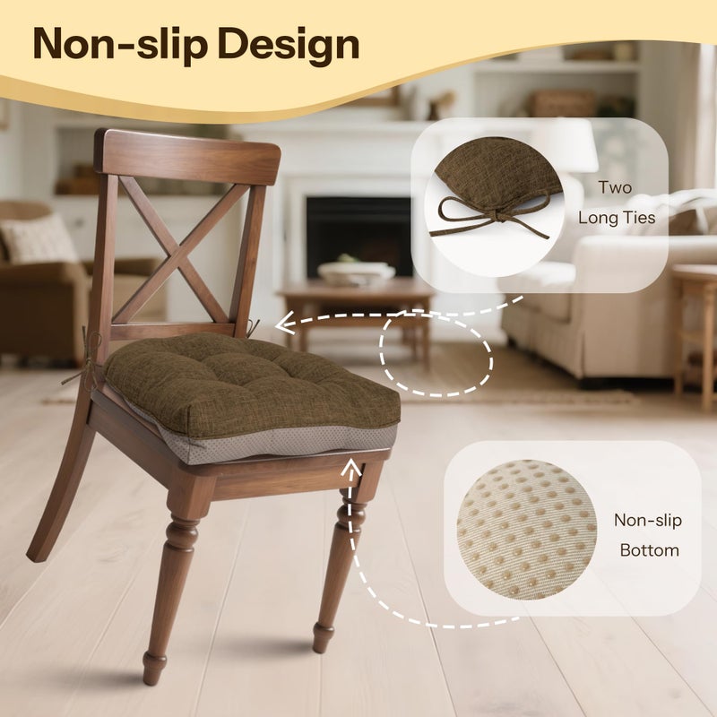 FlyGulls Non-Slip Chair Cushions for Dining Chairs Set of 4 Thick Kitchen Chair Pads Dining Room Seat Cushion with Ties 16" x 16" x 4" Coffee - Image 4