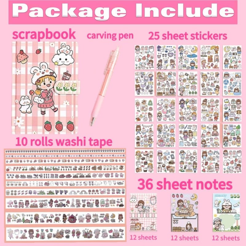 DHAVAL 73pcs Kawaii DIY Journal Kit for Teenage Girls – Scrapbook Supplies Set with Washi Tape, Stickers, Memo Notes & Carving Knife | Creative Scrapbooking & Journaling Craft Kit Gift for Teens 8-14, Birthday & Christmas - Image 1