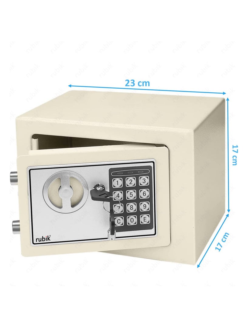 Rubik - Small Safe Box with Key and Digital Security Keypad Lock for Home Office Hotel Business Jewelry Money Cash Storage (23x17x17cm) Off White - Image 1