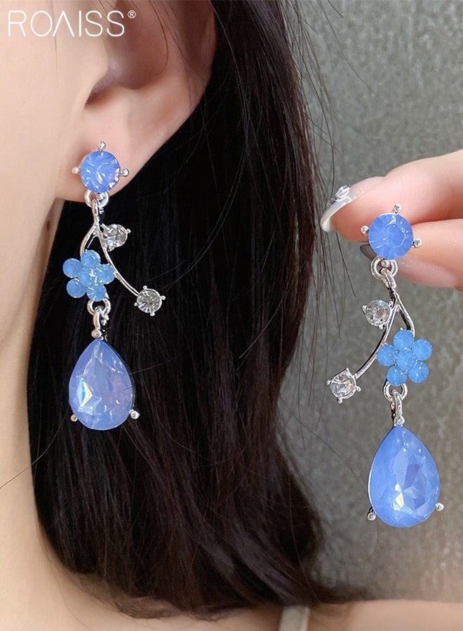 رويس مجموعة من 3 قطع من قلادة وأقراط من أحجار الراين الزرقاء العتيقة للنساء، أقراط لؤلؤ رائعة، قلادة زهرة من حجر الراين، مناسبة لحفلات الزفاف - Image 5