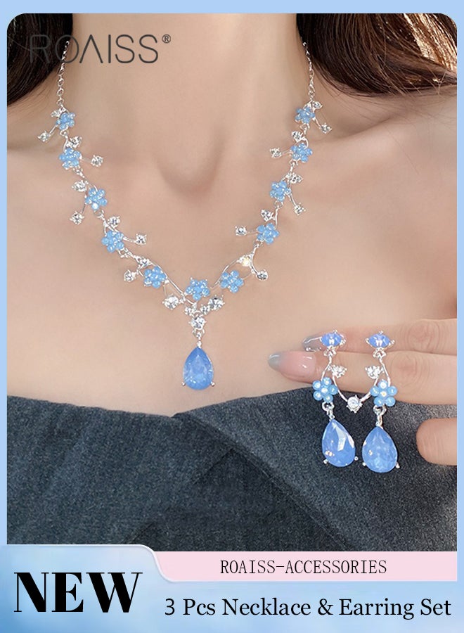 رويس مجموعة من 3 قطع من قلادة وأقراط من أحجار الراين الزرقاء العتيقة للنساء، أقراط لؤلؤ رائعة، قلادة زهرة من حجر الراين، مناسبة لحفلات الزفاف - Image 1